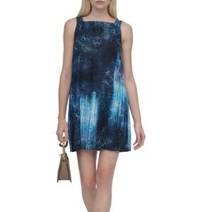 DKNY Shift Dress Women 14 NWT Blue Black Linen Blend Back Bow MSRP $129